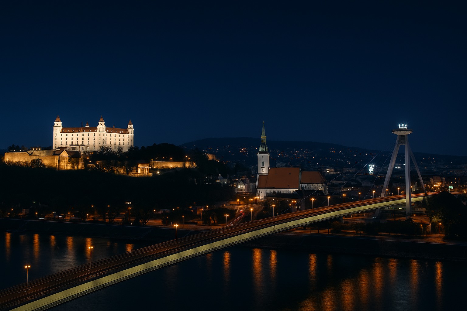 Panorama Słowacji nocą z mostem